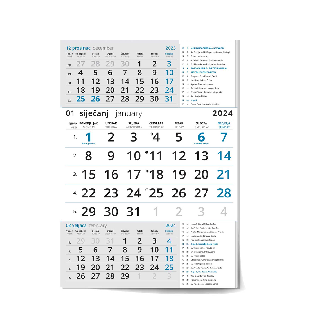 "Poslovni  PLAVI S KATOLIČKIM KALENDAROM" three month calendar, 12 sheets, format: 29,5x62cm, PVC bag, date indicator, P/50 NOT BOUND