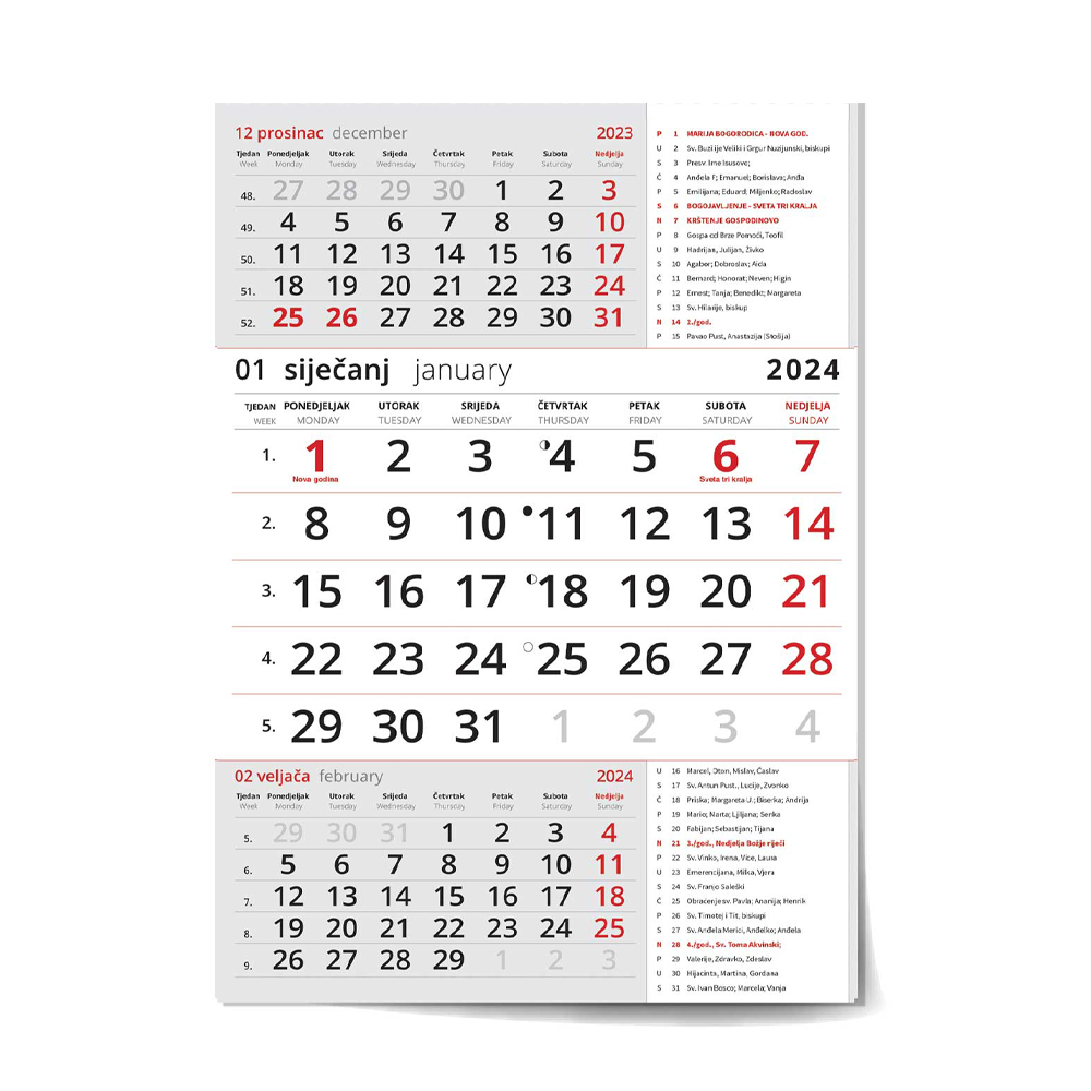 "Poslovni  CRVENI S KATOLIČKIM KALENDAROM" three month calendar, 12 sheets, format: 29,5x62cm, PVC bag, date indicator, P/50, NOT BOUND