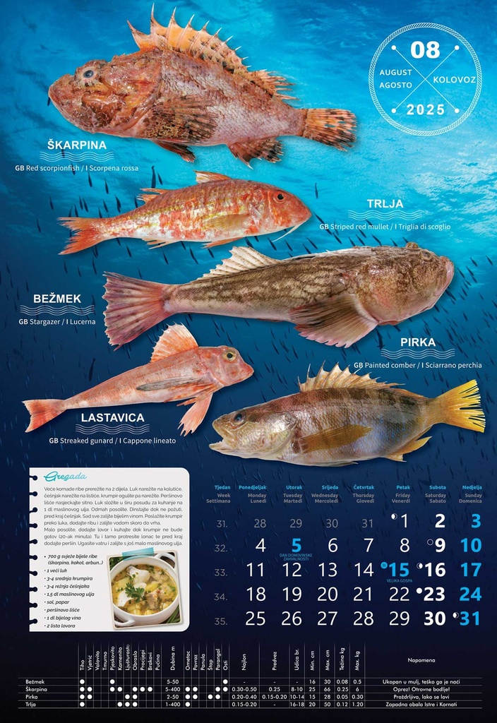 "S RIBARNICE" 13 list., dim: 33x55 cm, PVC vrećica, P/40, color kalendar
