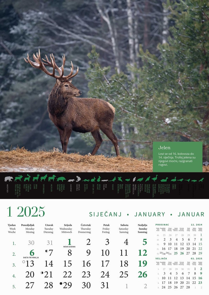 "KALENDAR LOVA" 13 list., dim: 30,5x50 cm, PVC vrećica, P/50, color kalendar