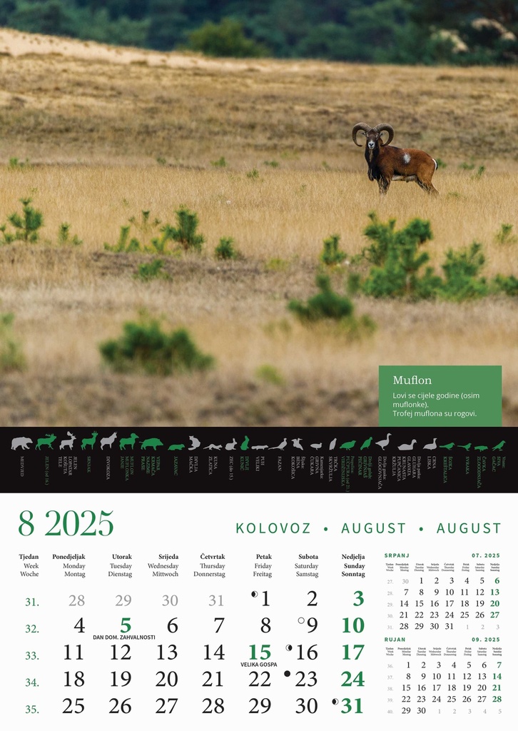 "KALENDAR LOVA" 13 list., dim: 30,5x50 cm, PVC vrećica, P/50, color kalendar