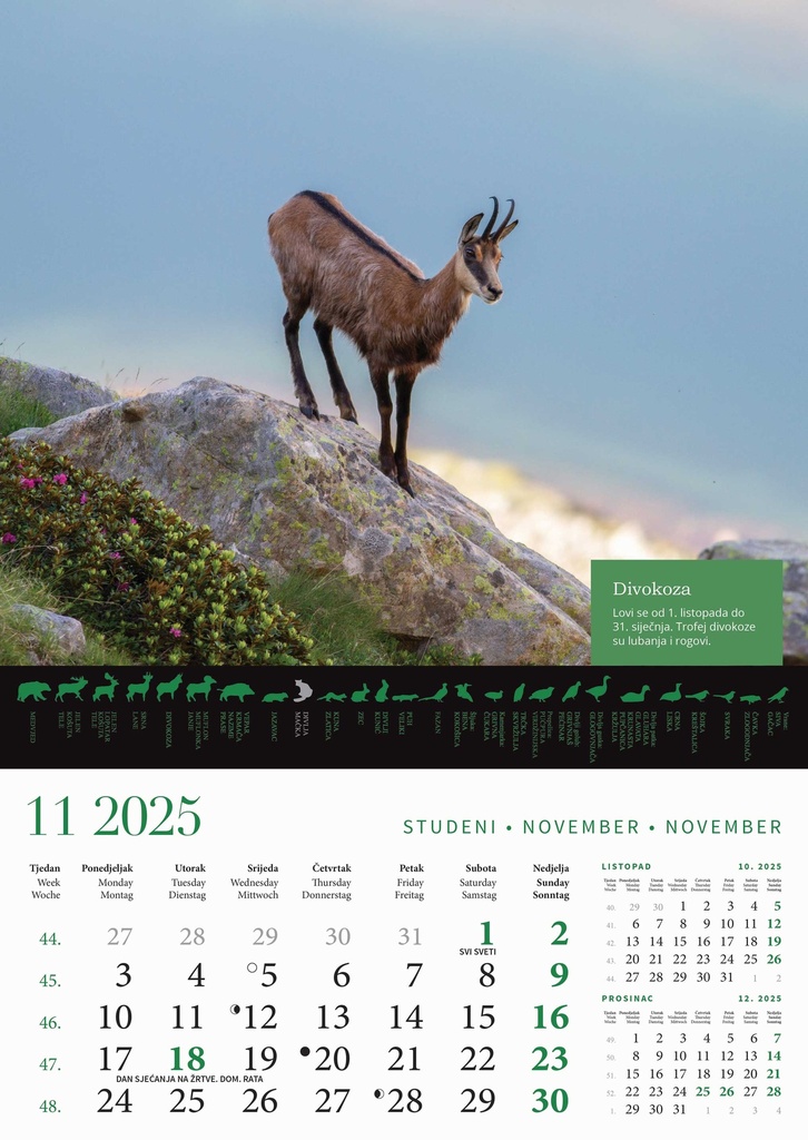 "KALENDAR LOVA" 13 list., dim: 30,5x50 cm, PVC vrećica, P/50, color kalendar