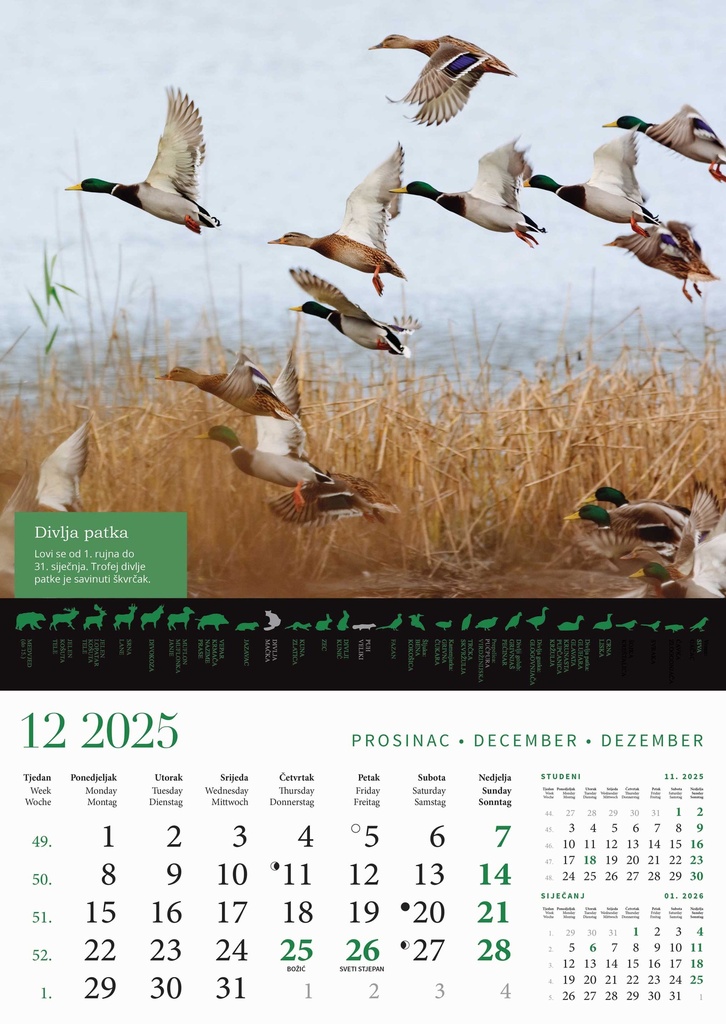 "KALENDAR LOVA" 13 list., dim: 30,5x50 cm, PVC vrećica, P/50, color kalendar