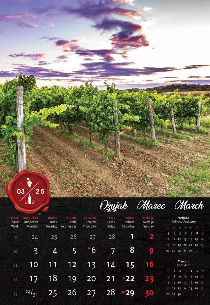"VINO" 13 list., dim: 33x55 cm, PVC vrećica, P/40, color kalendar