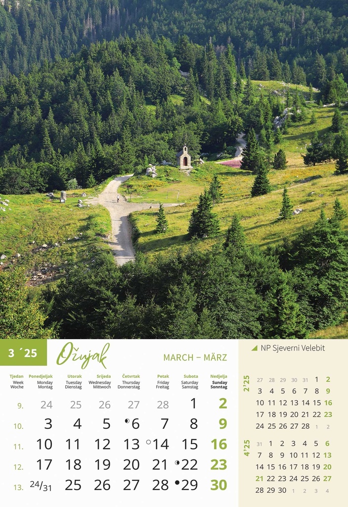 "NACIONALNI PARKOVI HRVATSKE" 13 list., dim: 33x55 cm, PVC vrećica, P/40, color kalendar