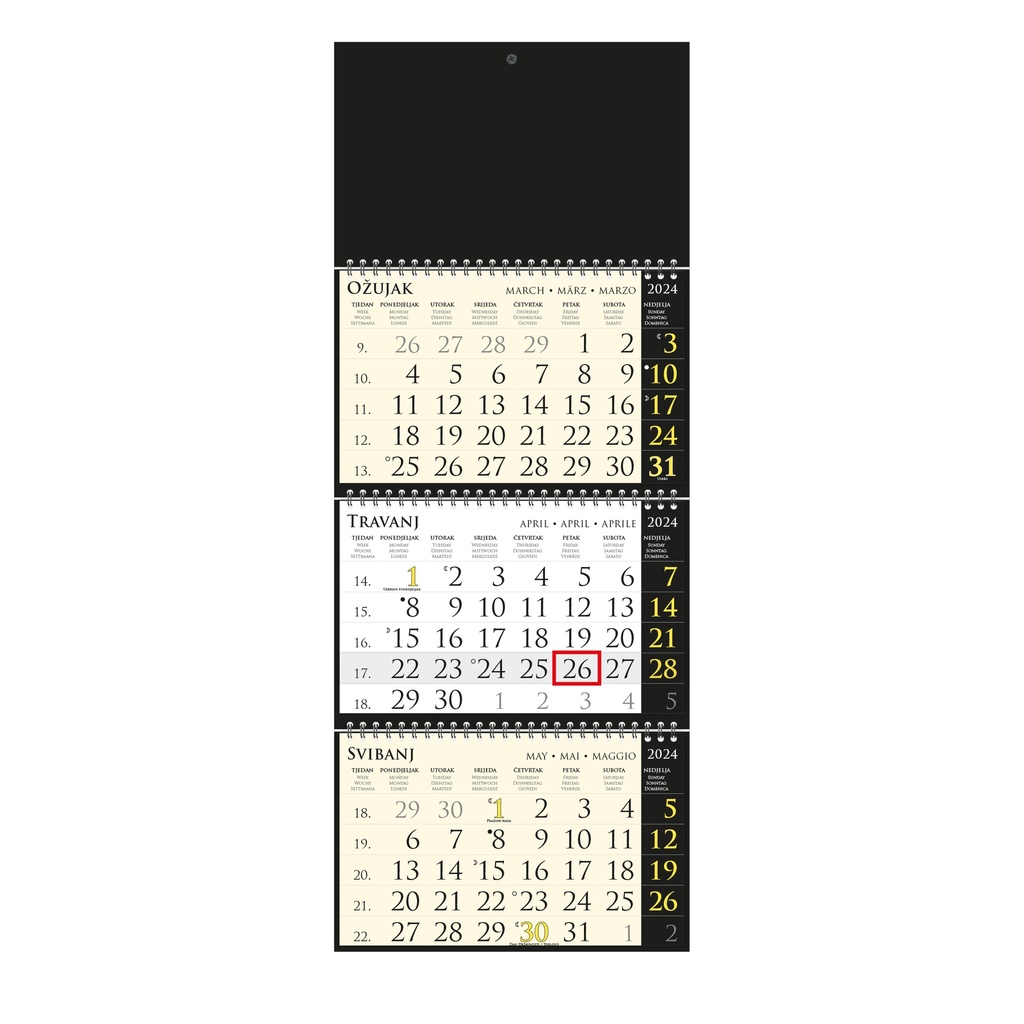 Kalendar trodjelni SIRIO "BLACK" black, spiral bound three fold (3X12sheets) 25X68cm, logo print area;25x17cm, date indicator, bag
