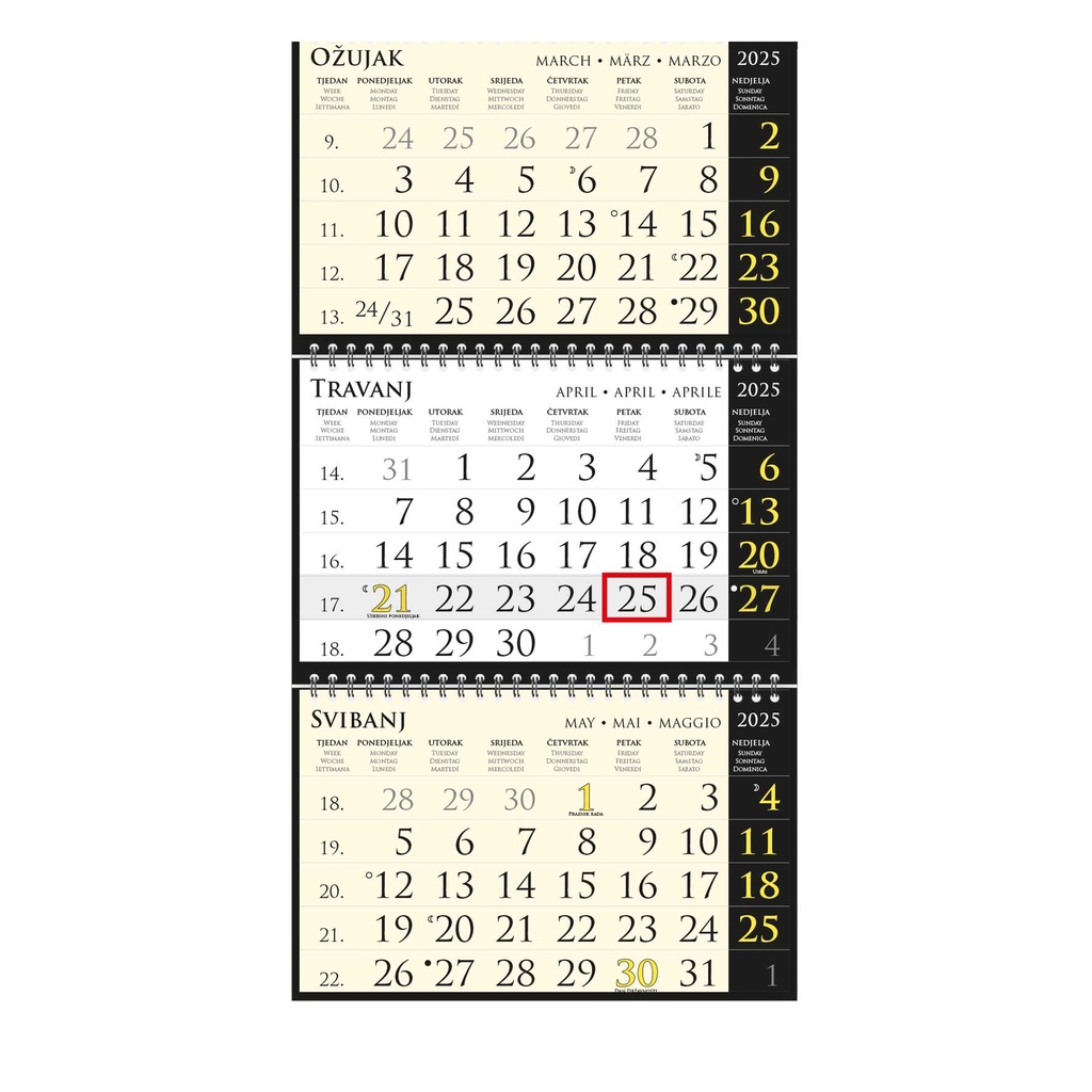 Kalendar trodjelni SIRIO "BLACK" black, spiral bound three fold (3X12sheets) 25X68cm, logo print area;25x17cm, date indicator, bag, NOT BOUND