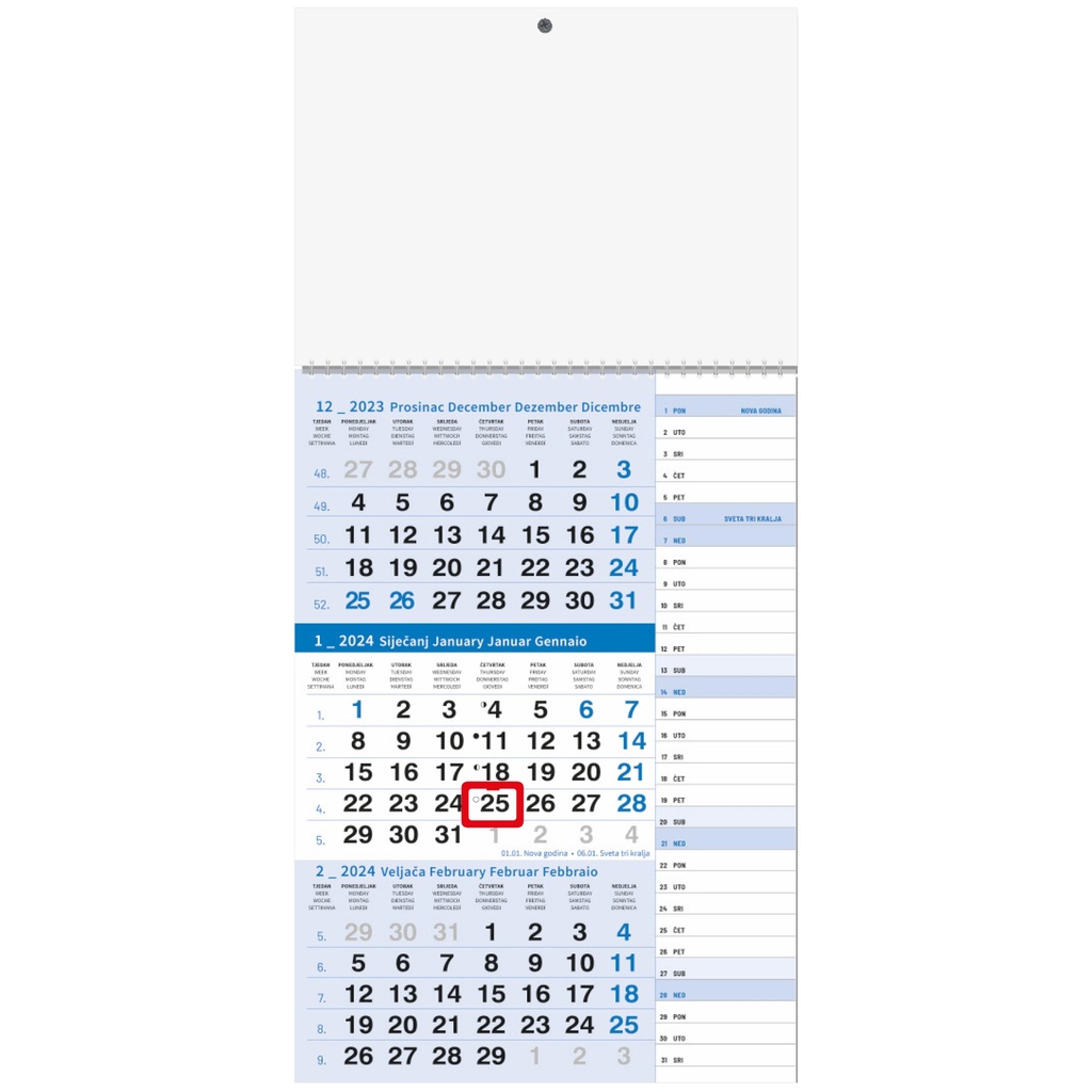 "Poslovni PLAVI planer" three month calendar, 12 sheets, format: 29,5x62cm, PVC bag, date indicator, P/50 