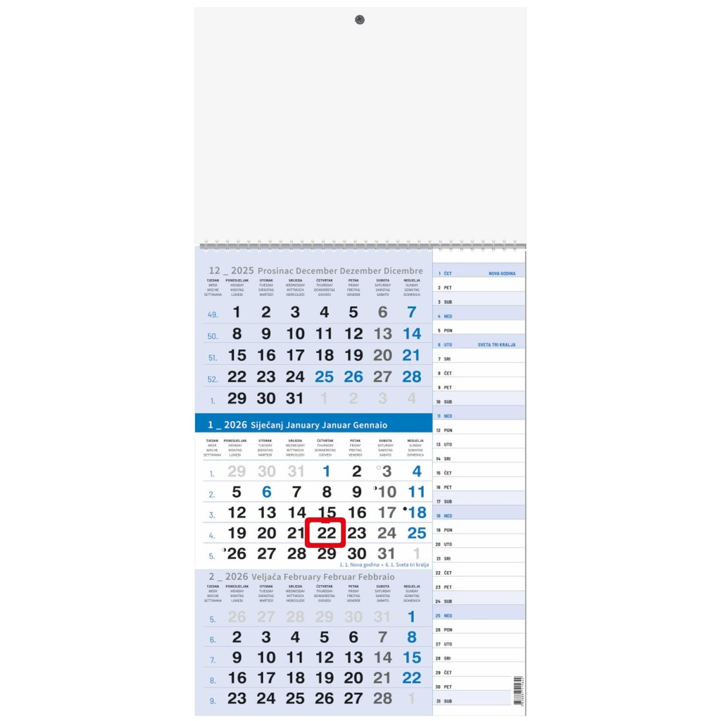 "Poslovni PLAVI planer" trodjelni kalendar, 12 list., dim: 29,5x62cm, PVC vrećica, pokazivač, P/50