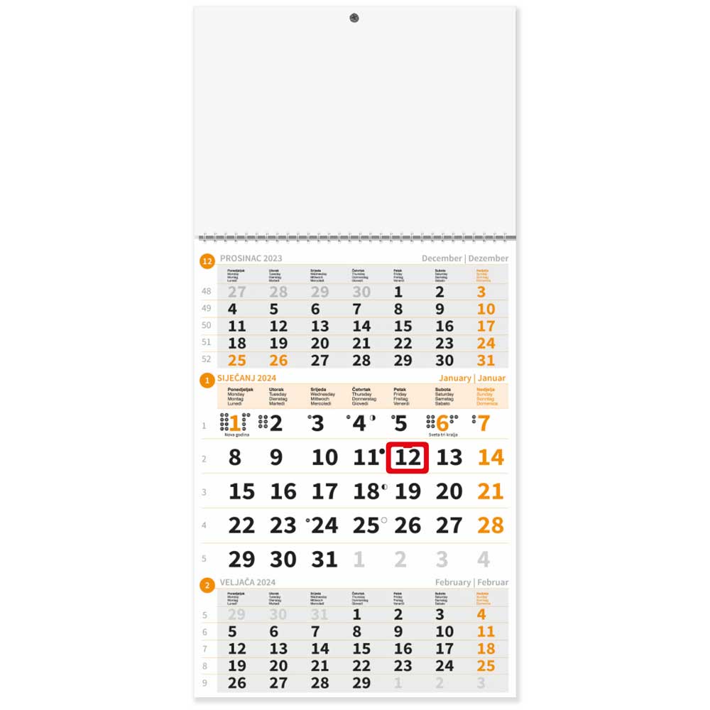 "Poslovni NARANČASTI" trodijelni kalendar, 12 list., dim:29,5x42cm, PVC vrećica, pokazivač, P/60