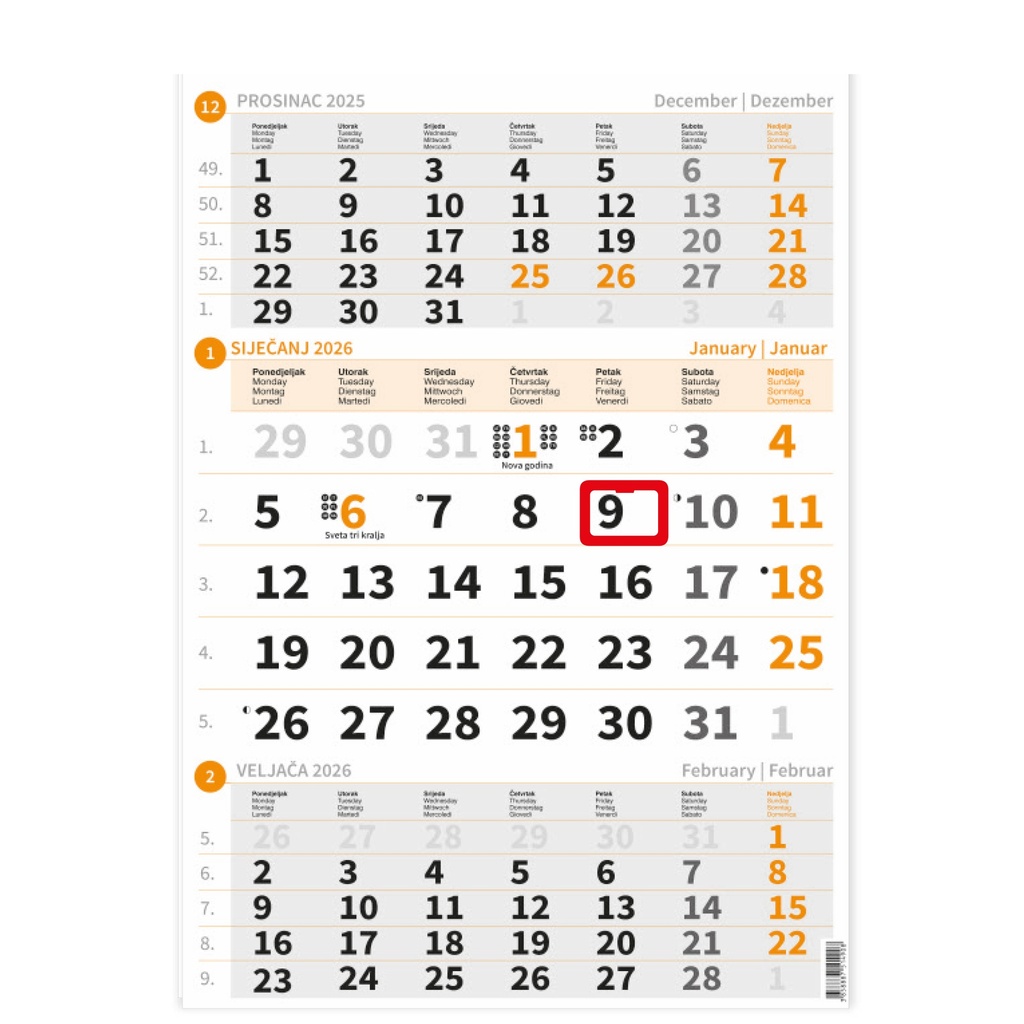 "Poslovni NARANČASTI" neuvezani trodjelni kalendar, 12 list., dim: 29,5x62cm, PVC vrećica, pokazivač, P/50 NZ