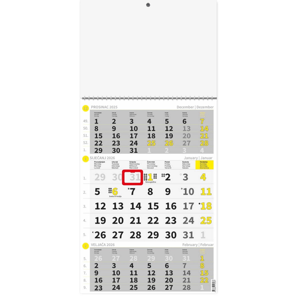 "Poslovni ŽUTO-SIVI" three month calendar, 12 sheets, format:29,5x62cm, PVC bag, P/50