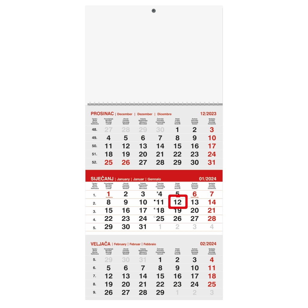 "Poslovni  SIVO-CRVENI" three month calendar, 12 sheets, format: 29,5x62cm, PVC bag, date indicator, P/50 