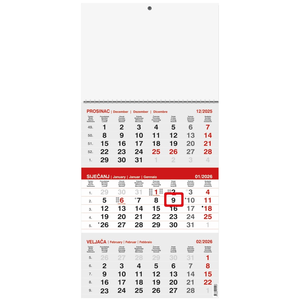 "Poslovni  SIVO-CRVENI" trodjelni kalendar, 12 list., dim: 29,5x62cm, PVC vrećica, pokazivač, P/50 