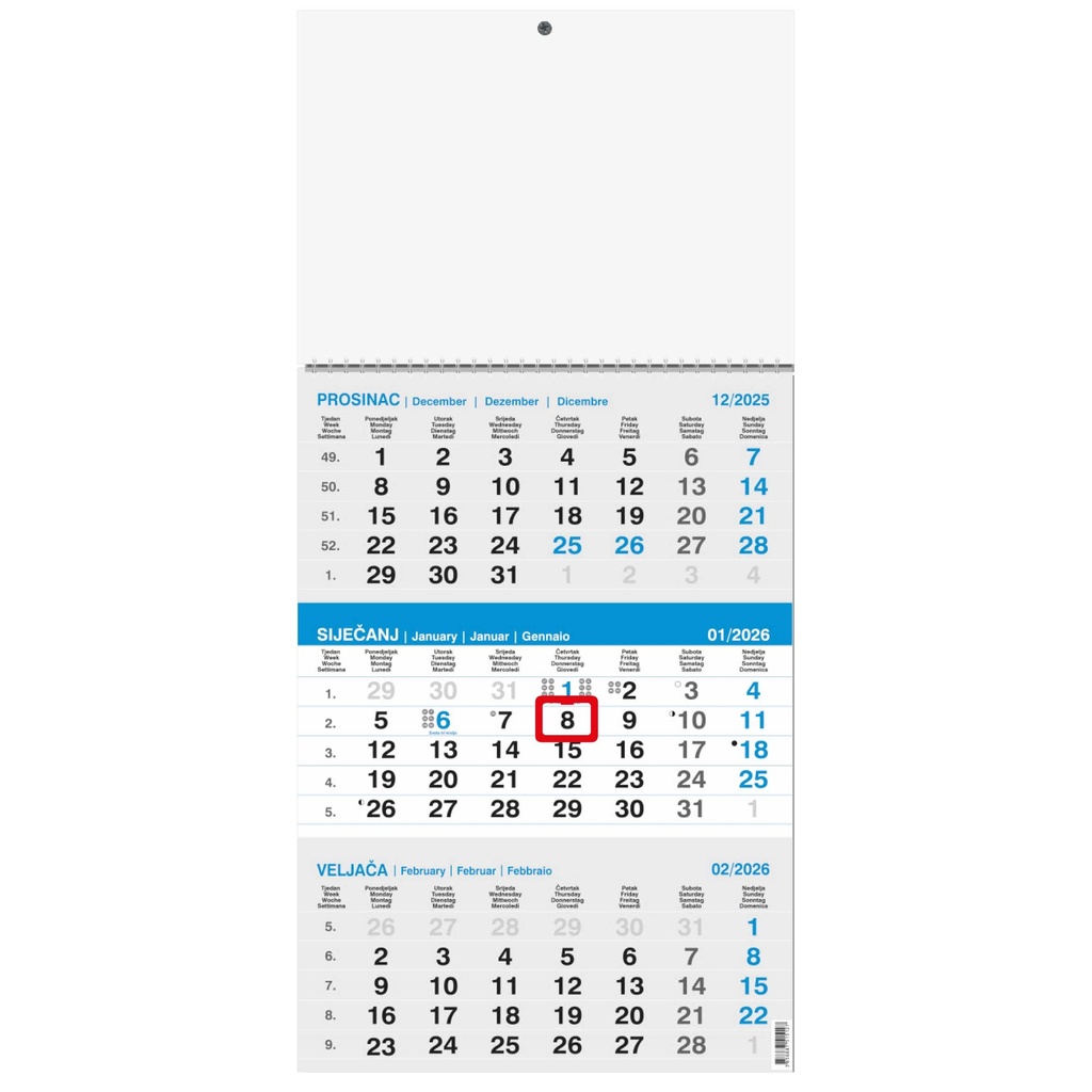 "Poslovni SIVO-PLAVI" three month calendar, 12 sheets, format:29,5x62cm, PVC bag, date indicator, P/50