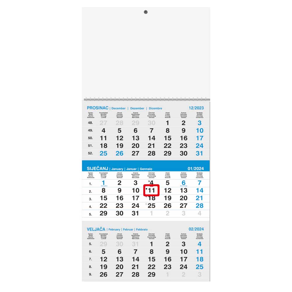 "Poslovni SIVO-PLAVI" trodjelni kalendar, 12 list., dim:29,5x62cm, PVC vrećica, pokazivač, P/50