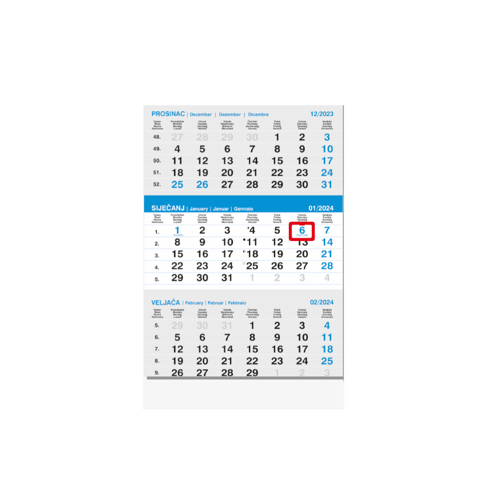 "Poslovni SIVO-PLAVI" neuvezani trodijelni kalendar, 12 lis., dim:29,5x42cm, PVC vrećica, pokazivač, P/60