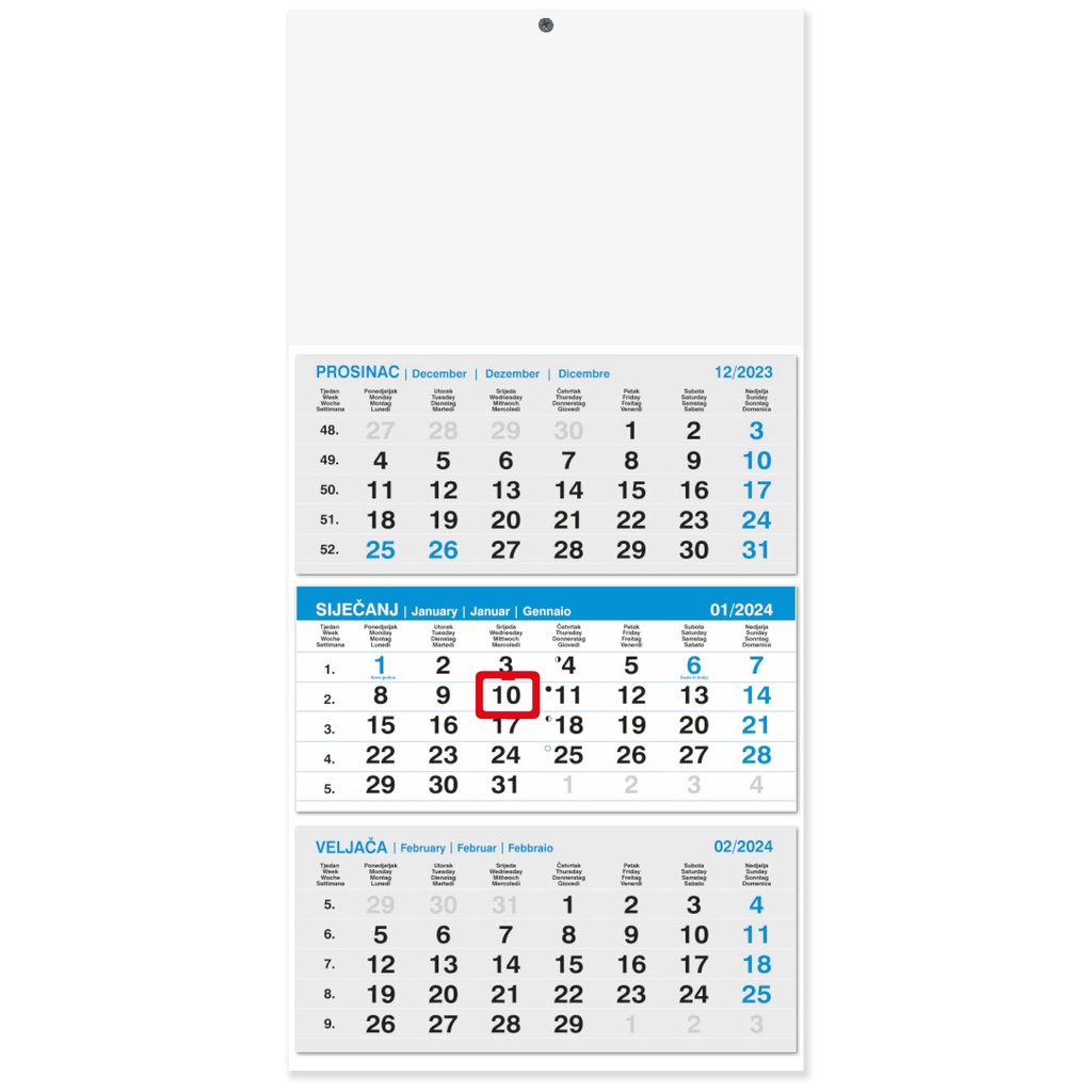 "Poslovni  PLAVI iz tri dijela" glued, three month calendar, 12 sheets, format: 29,5x62cm, PVC bag, date indicator, P/50