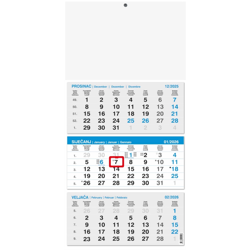 "Poslovni PLAVI iz tri dijela" ljepljeni, trodjelni kalendar, 12 list., dim: 29,5x62cm, PVC vrećica, pokazivač, P/50