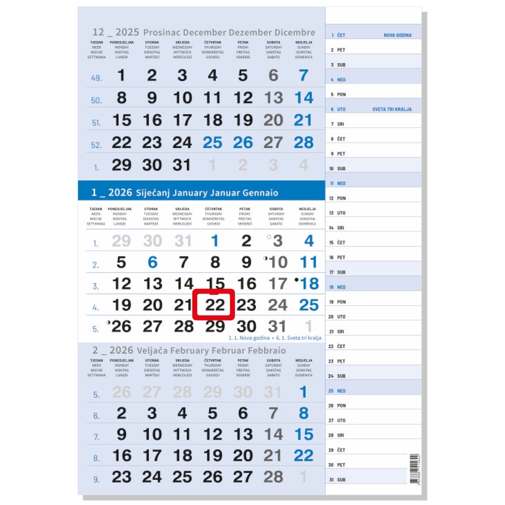 "Poslovni PLAVI planer" three month calendar, 12 sheets, format: 29,5x62cm, PVC bag, date indicator, P/50, NOT BOUND