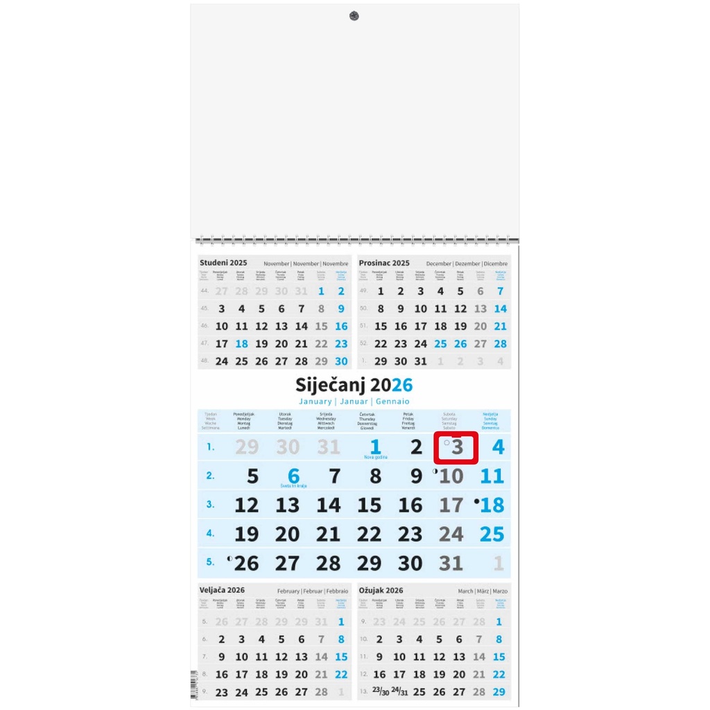 " Poslovni PLAVI 5 mj." three month calendar, 12 sheets, format: 29,5x62cm, PVC bag, date indicator, P/50