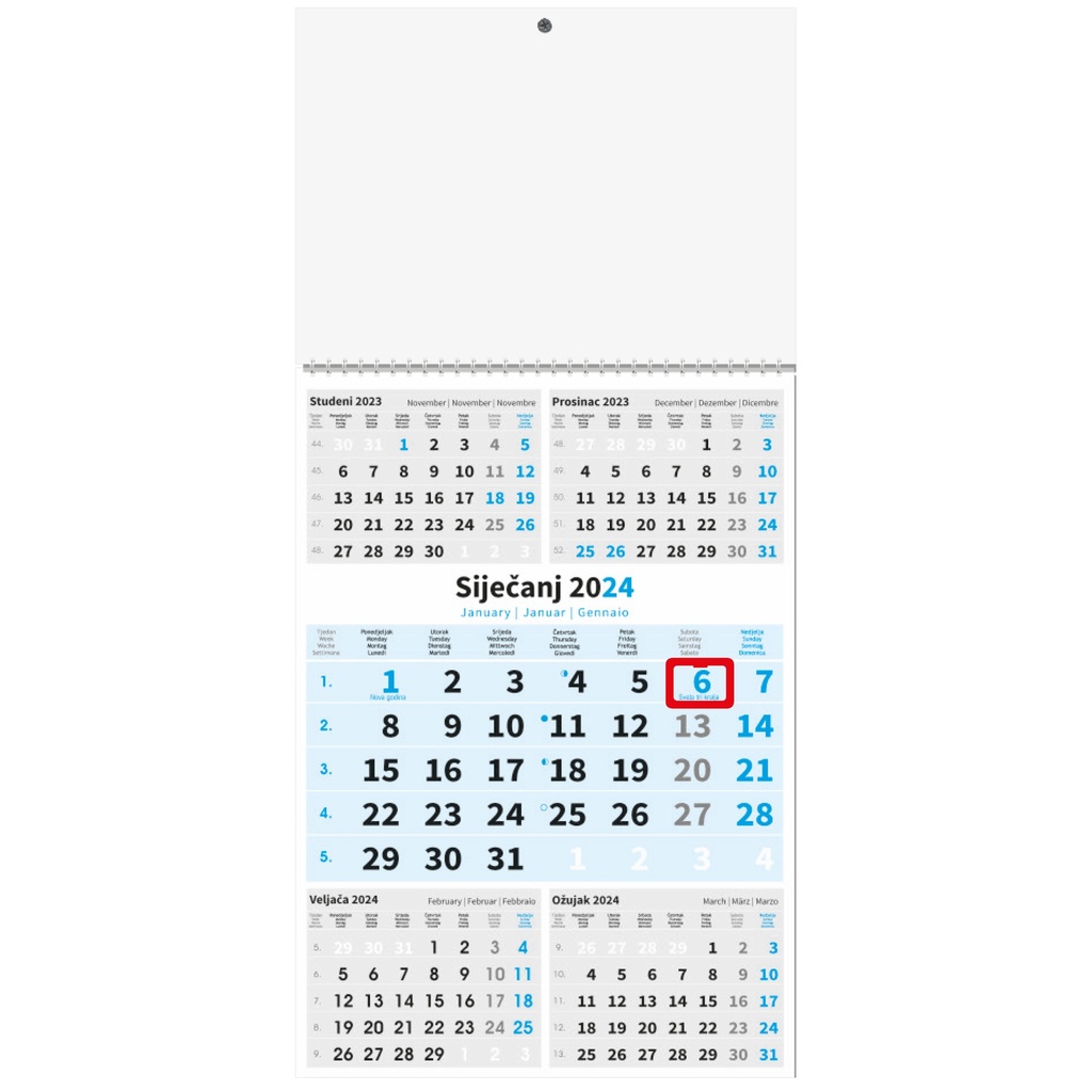 " Poslovni PLAVI 5 mj." trodjelni kalendar, 12 list., dim: 29,5x62cm, PVC vrećica, pokazivač, P/50