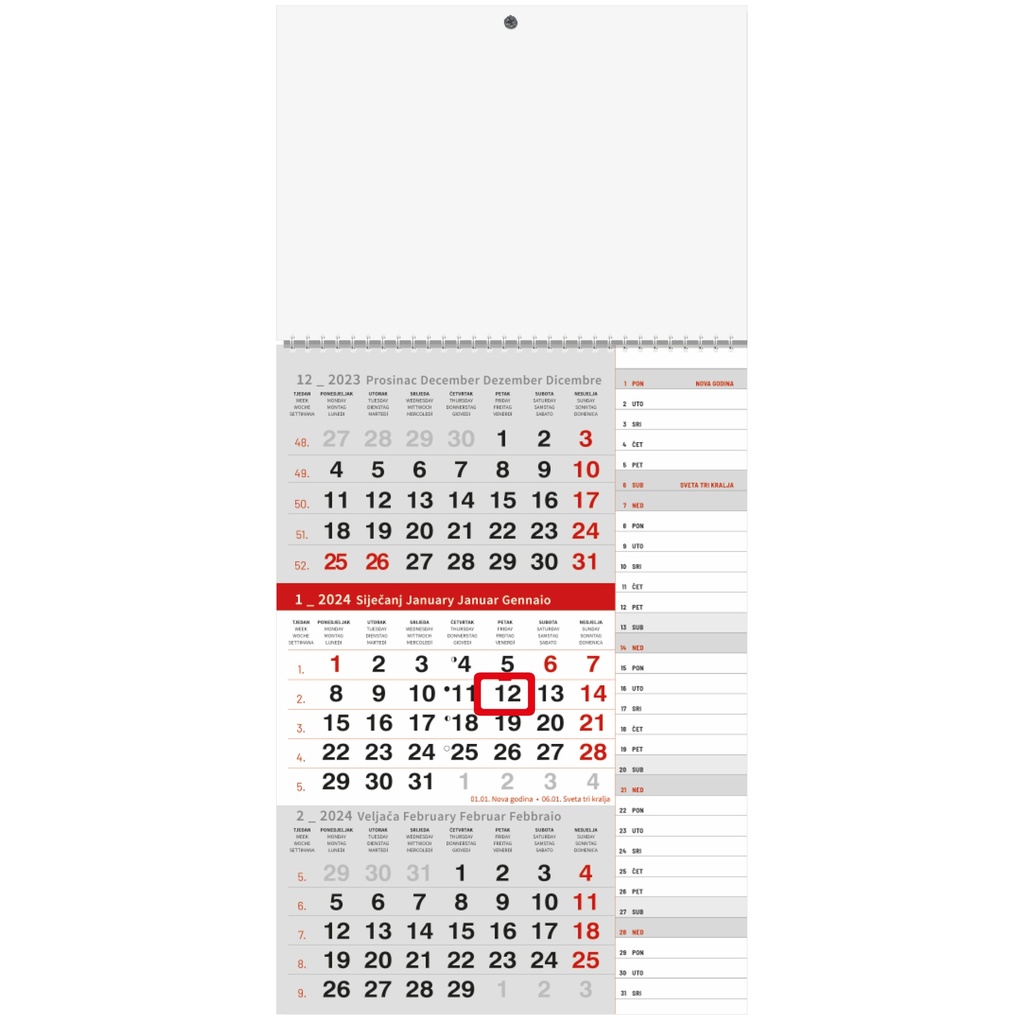 "Poslovni SIVO CRVENI planer" three month calendar, 12 sheets, format: 29,5x62cm, PVC bag, date indicator, P/50