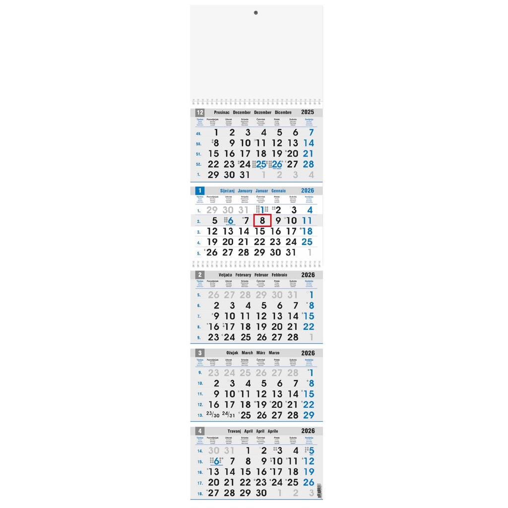 KALENDAR POSLOVNI PETERODIJELNI PLAVO/SIVI 5 - part, 80gr, format: 27,5x102 cm, spiral bound, date indicator, PVC bag, P/25