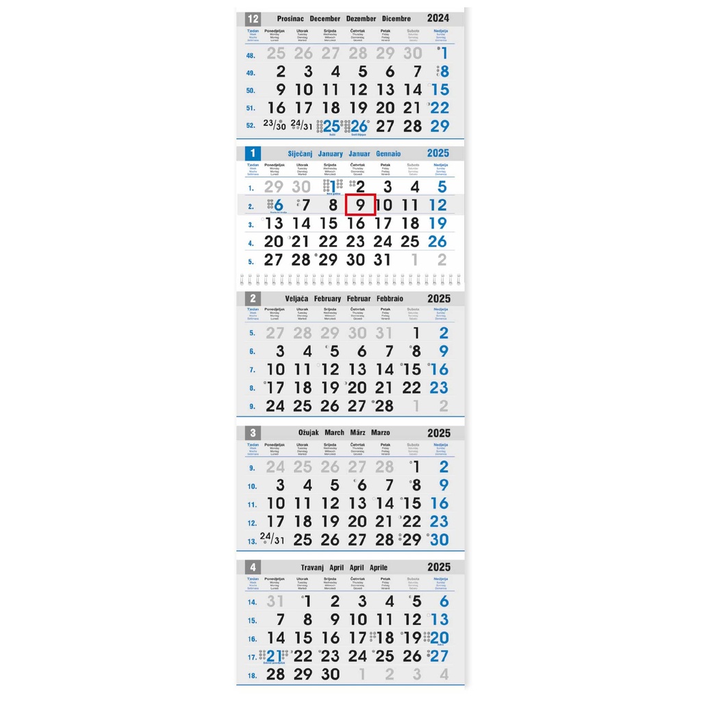 KALENDAR POSLOVNI PETERODIJELNI PLAVO/SIVI 5 - part, 80gr, format: 27,5x102 cm, date indicator, PVC bag, P/25, NOT BOUND