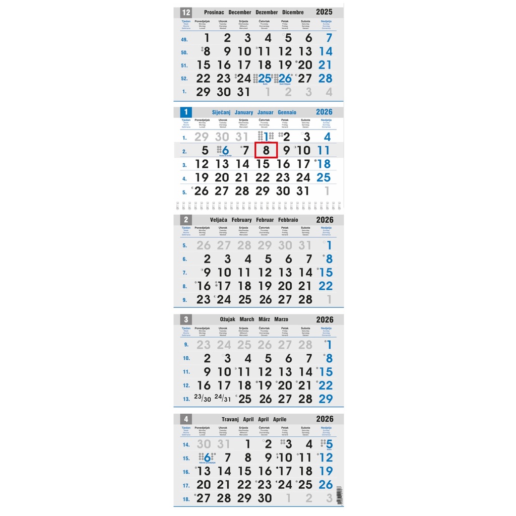 KALENDAR POSLOVNI PETERODIJELNI PLAVO/SIVI 5 - part, 80gr, format: 27,5x102 cm, date indicator, PVC bag, P/25, NOT BOUND