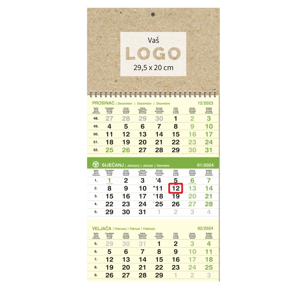 Kalendar trodjelni poslovni EKO ZELENI, spiral bound (12 sheets), format:29,5x62 cm, logo print area:29,5x20cm, date indicator, bag (recycled paper)