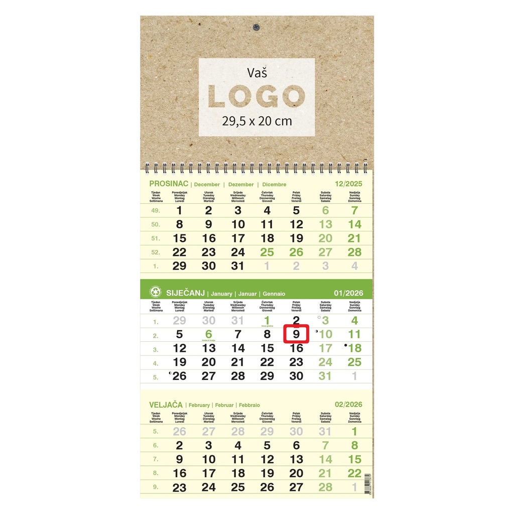 Kalendar trodjelni poslovni EKO ZELENI, spiral bound (12 sheets), format:29,5x62 cm, logo print area:29,5x20cm, date indicator, bag (recycled paper)