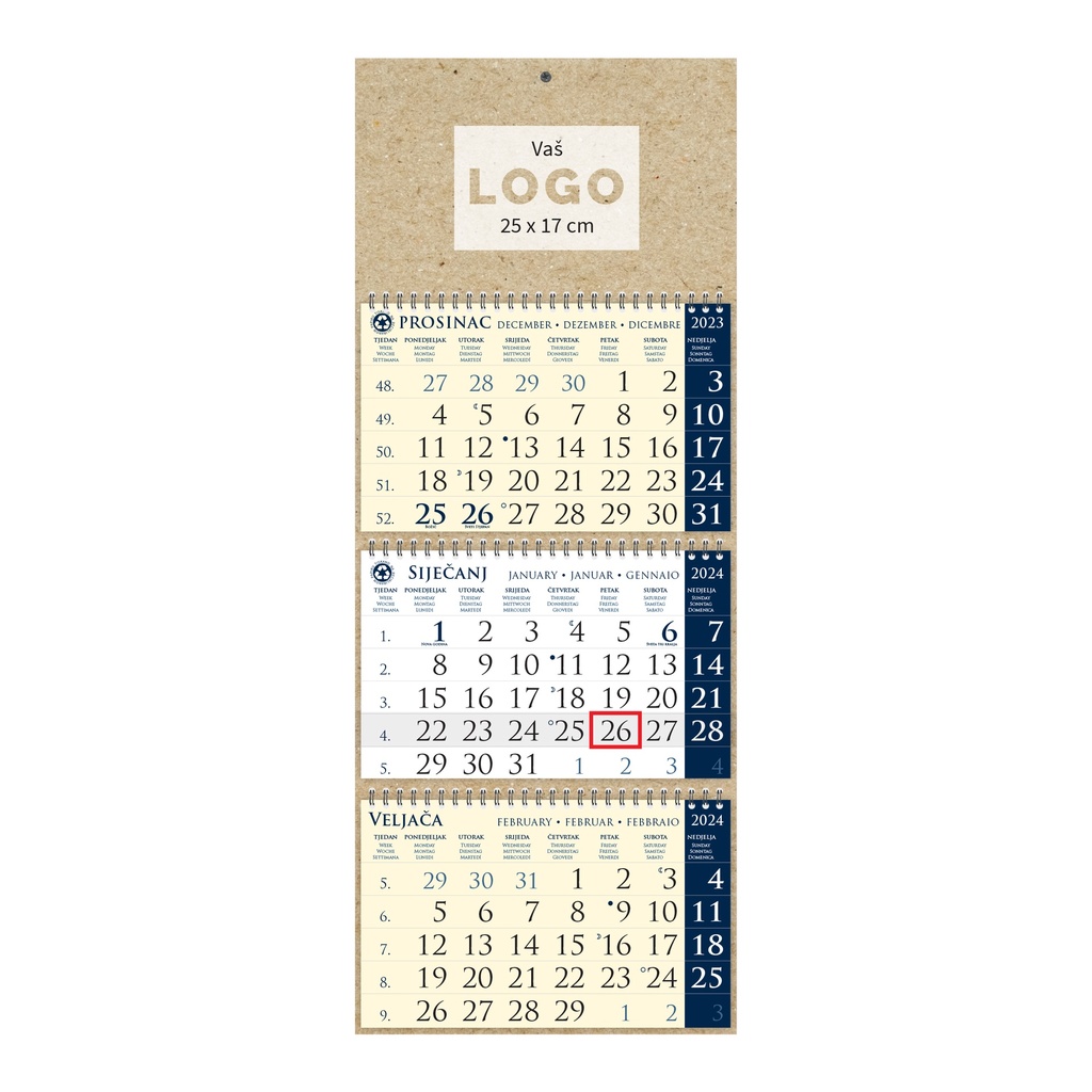 Kalendar trodjelni sirio EKO TAMNO PLAVI, spiral bound three fold (3x12 sheets) 25x65cm, date indicator, bag (recycled paper), P/50
