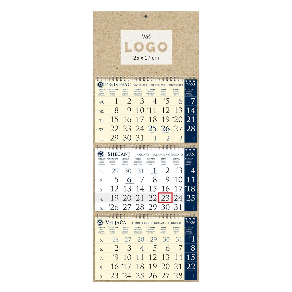 Kalendar trodjelni sirio EKO TAMNO PLAVI, spiral bound three fold (3x12 sheets) 25x65cm, date indicator, bag (recycled paper), P/50