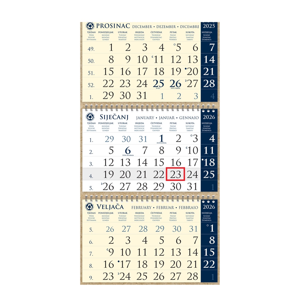 Kalendar trodjelni sirio EKO TAMNO PLAVI, 3 dijela spirala (3x12 l) 25x65cm, pok, vrećica (reciklirani papir), P/50 "NZ"