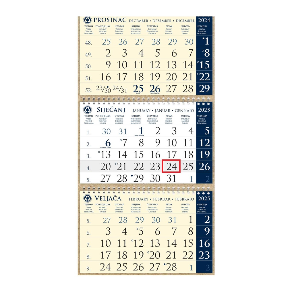 Kalendar trodjelni sirio EKO TAMNO PLAVI, spiral bound three fold (3x12 sheets) 25x65cm, date indicator, bag (recycled paper), P/50 "not bound"