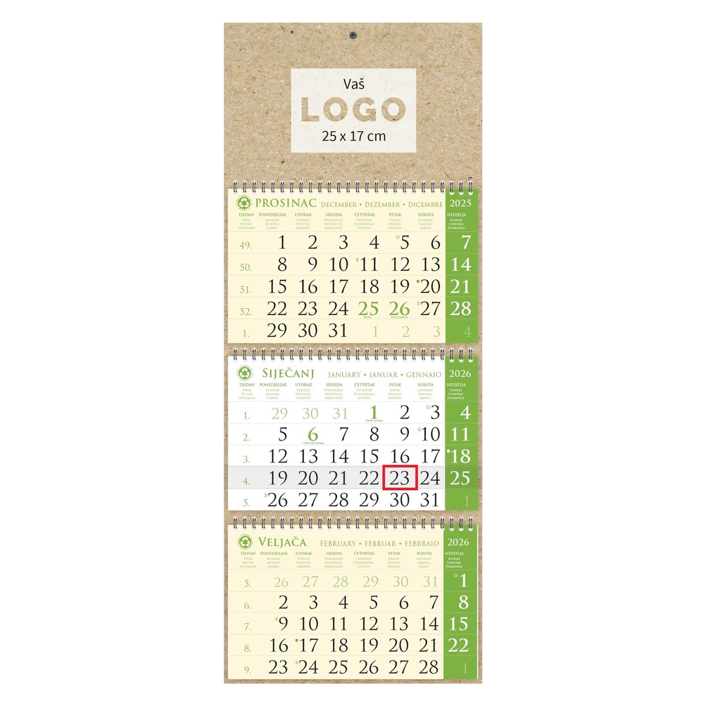 Kalendar trodjelni sirio EKO ZELENI, spiral bound three fold (3x12 sheets) 25x65cm, date indicator, bag (recycled paper), P/50