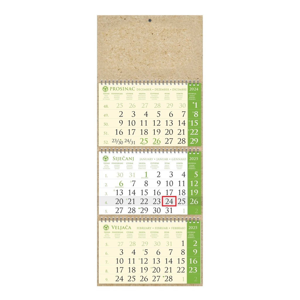 Kalendar trodjelni sirio EKO ZELENI, spiral bound three fold (3x12 sheets) 25x65cm, date indicator, bag (recycled paper), P/50