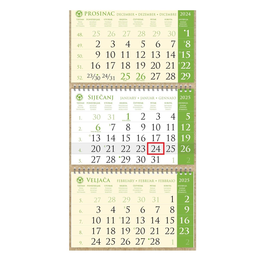 Kalendar trodjelni sirio EKO ZELENI, spiral bound three fold (3x12 sheets) 25x68cm, logo print area: 25x17cm, date indicator, bag (recycled paper) "not bound"