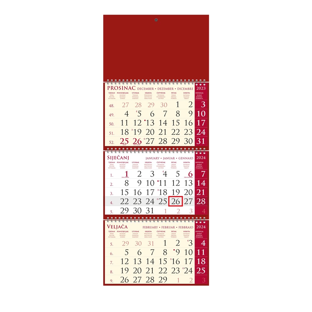 "Poslovni SIRIO cherry" three month calendar, 3x12 sheets, format:25x65cm, bag, date indicator, P/50
