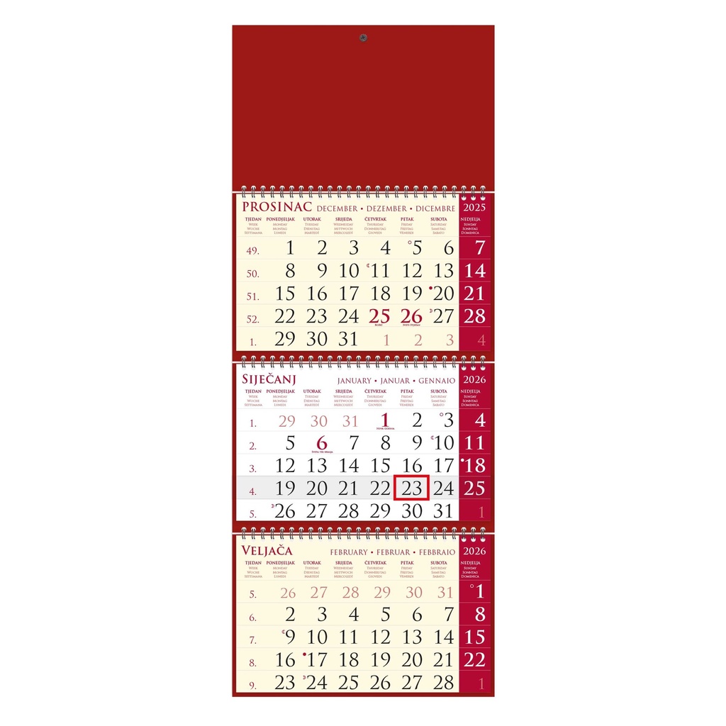 "Poslovni SIRIO cherry" three month calendar, 3x12 sheets, format:25x65cm, bag, date indicator, P/50