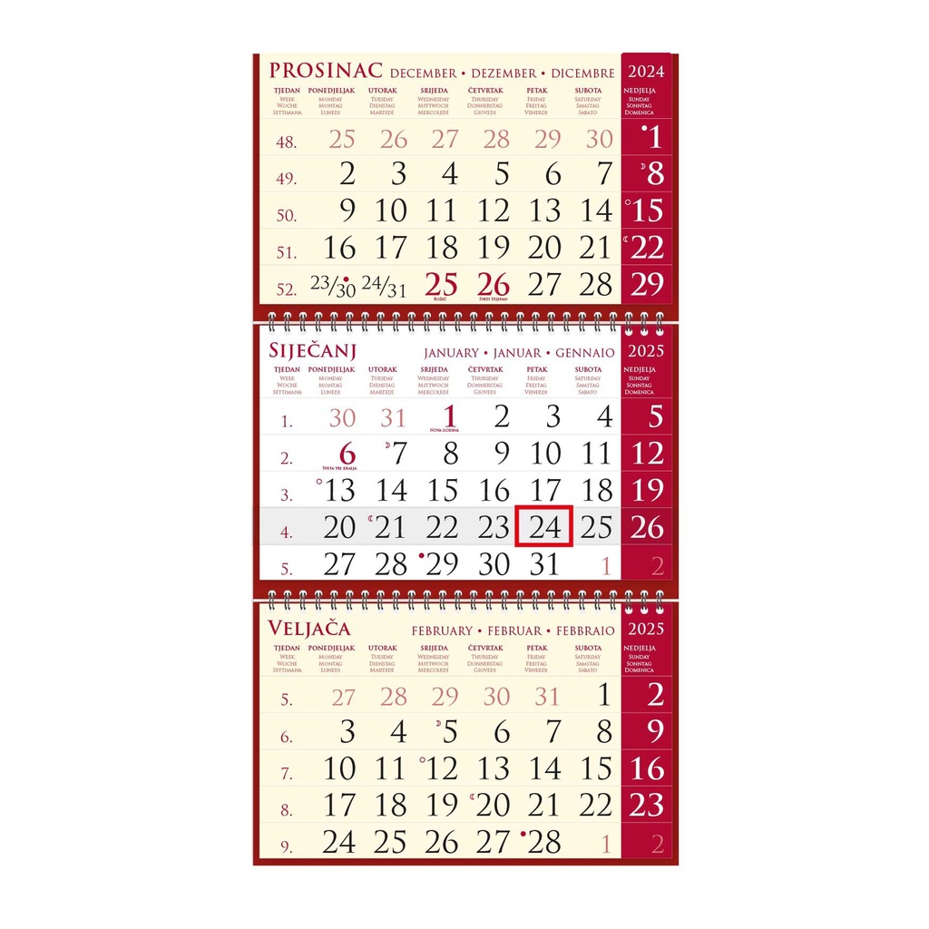 "Poslovni SIRIO cherry" three month calendar, 3x12 sheets, format:25x65cm, bag, date indicator, P/50, NOT BOUND