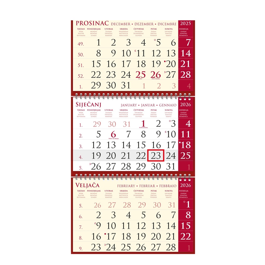 "Poslovni SIRIO cherry" trodijelni kalendar, 3x12 list., dim:25x65cm, vrećica, pokazivač, P/50 neuvezani