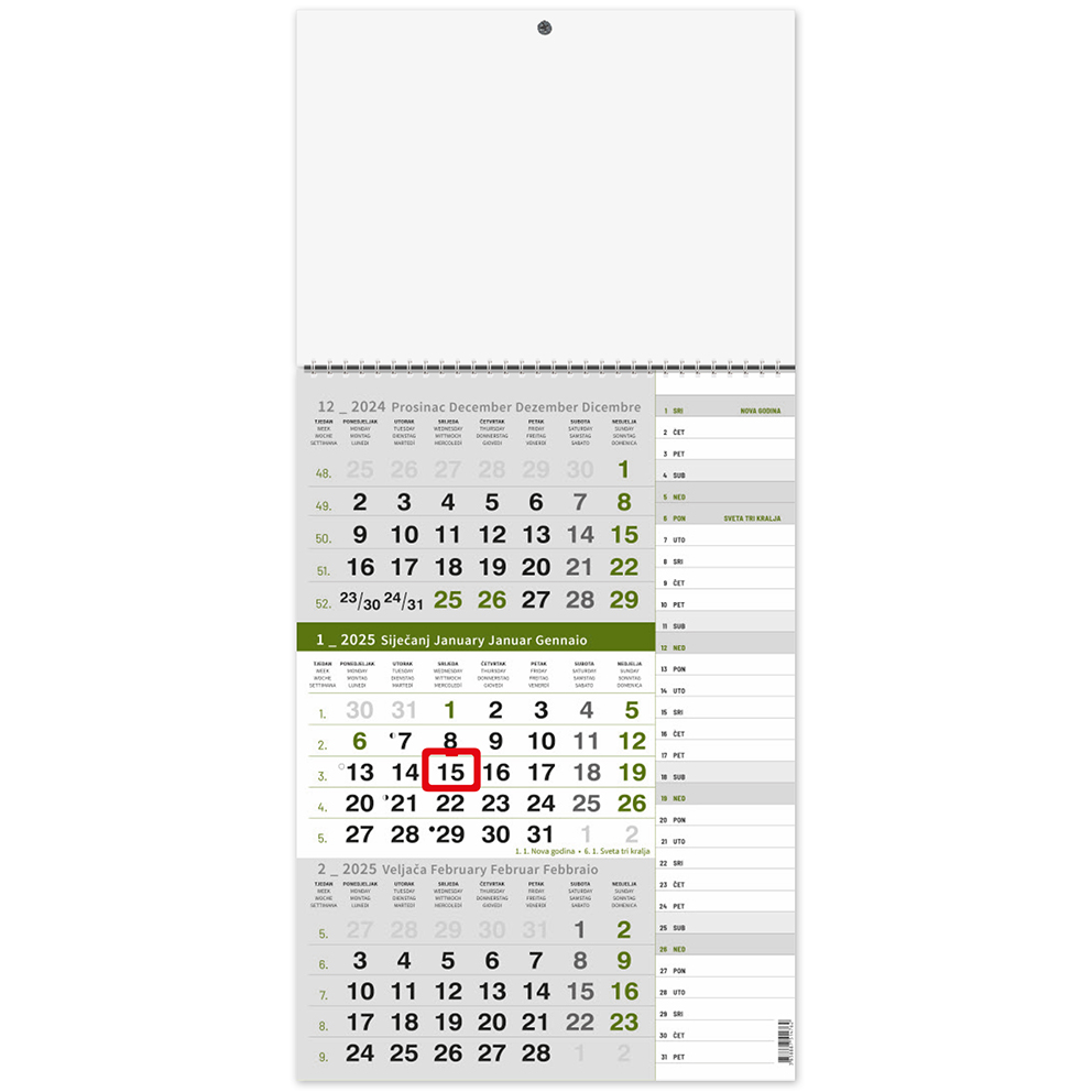 "Poslovni ZELENI PLANER" three month calendar, 12 sheets, format: 29,5x62cm, PVC bag, date indicator, P/50