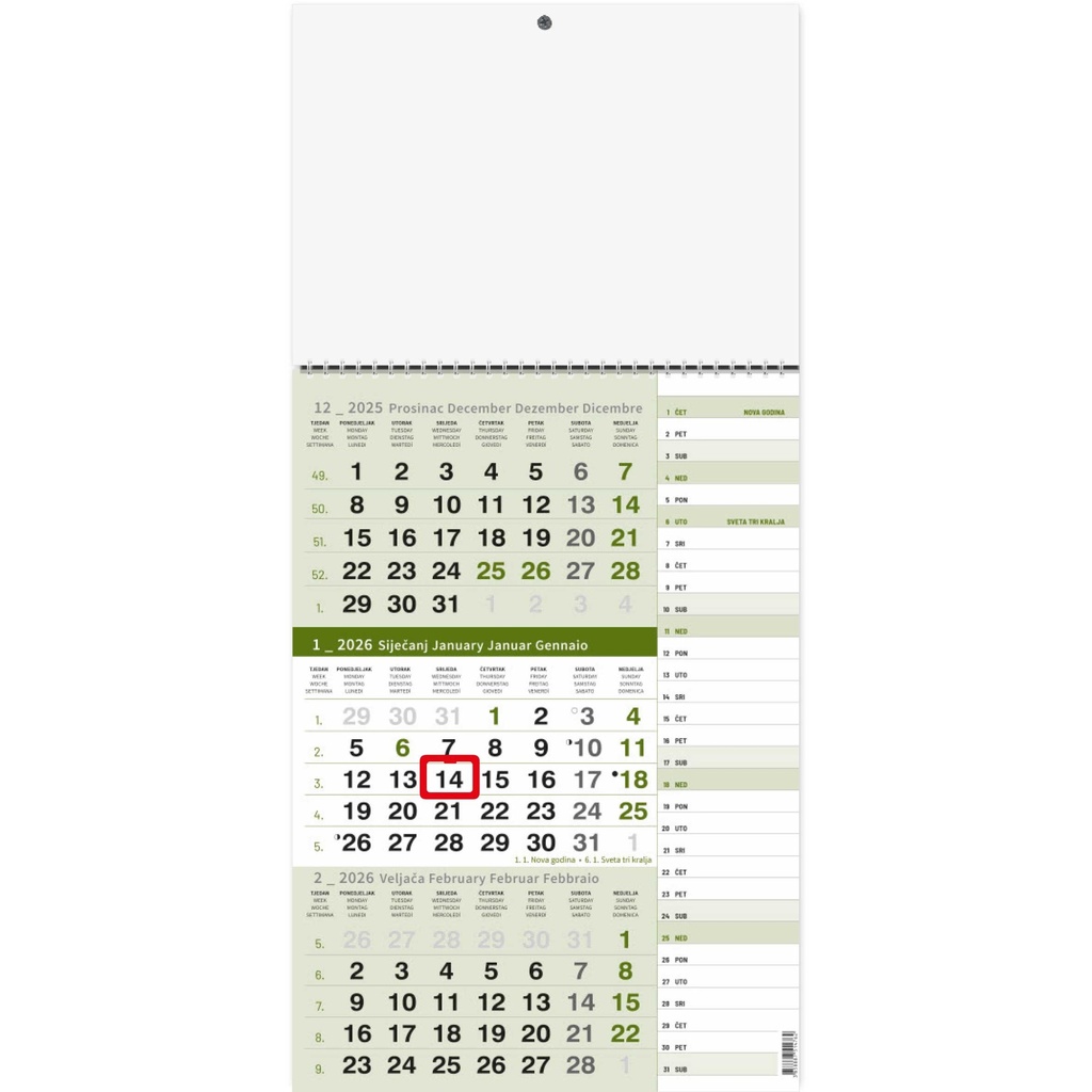 "Poslovni ZELENI PLANER" three month calendar, 12 sheets, format: 29,5x62cm, PVC bag, date indicator, P/50