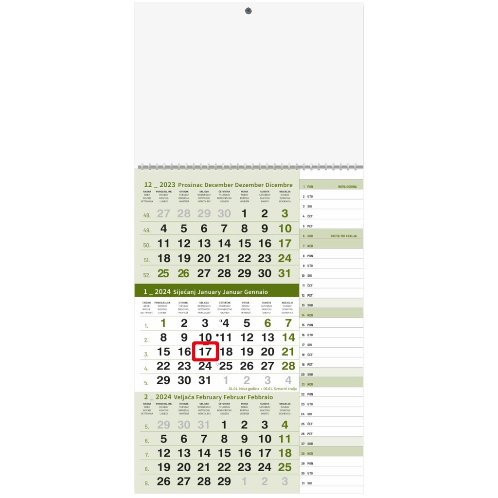 "Poslovni ZELENI PLANER" trodjelni kalendar, 12 list., dim: 29,5x62cm, PVC vrećica, pokazivač, P/50