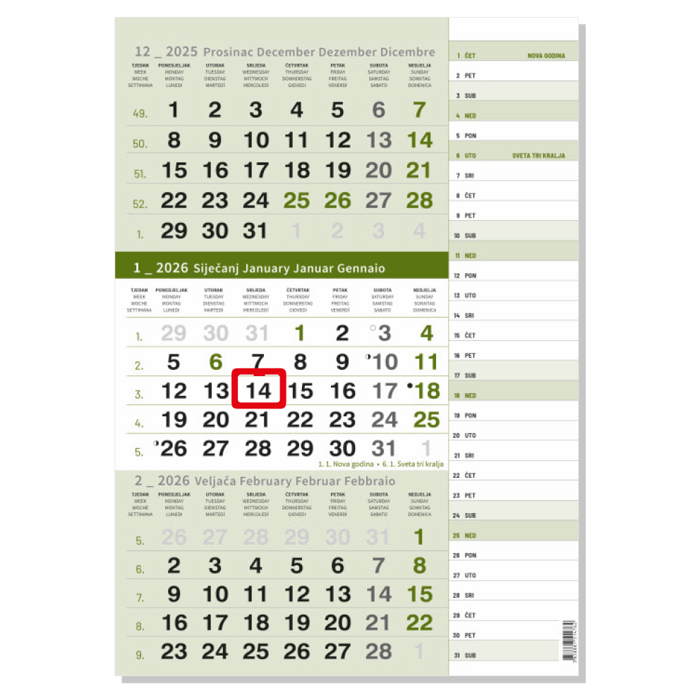 "Poslovni ZELENI PLANER" neuvezani trodijelni kalendar, 12 list., dim: 29,5x42cm, PVC vrećica, pokazivač, P/50