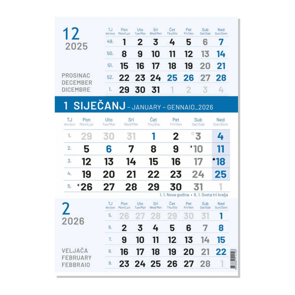 "Poslovni PLAVI" neuvezani B4 trodjelni kalendar, 12 list., dim: 24x53,5 cm, PVC vrećica, pokazivač, P/50