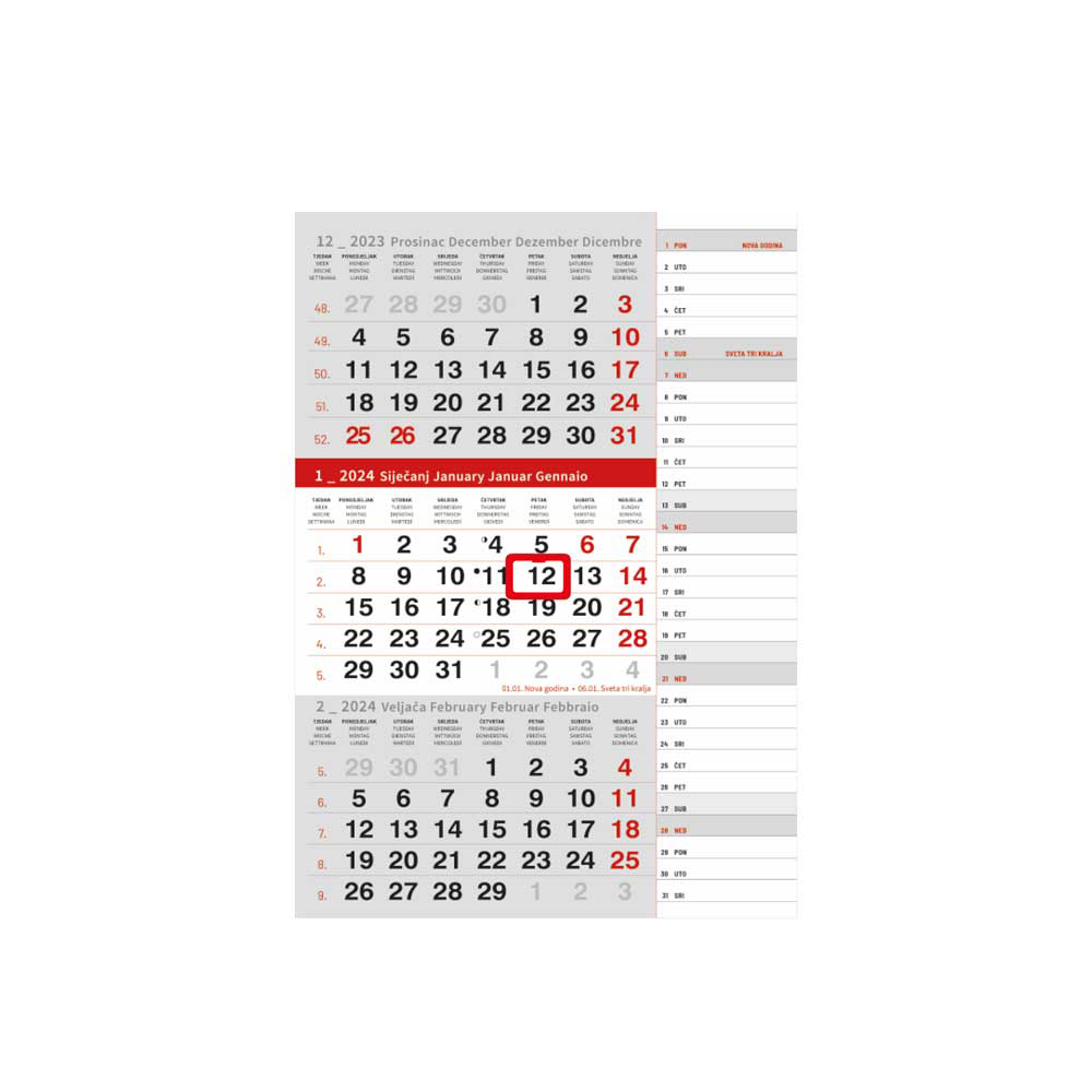 "Poslovni SIVO CRVENI PLANER" neuvezani trodijelni kalendar, 12 list., dim: 29,5x42cm, PVC vrećica, pokazivač, P/60