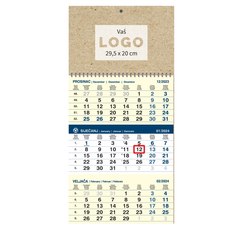 Kalendar trodjelni poslovni EKO BLUE, spiral bound (12 sheets), format:29,5x62 cm, logo print area:29,5x20cm, date indicator, bag (recycled paper)